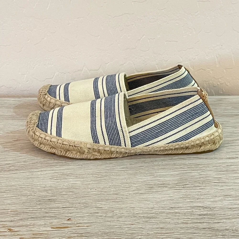 Tory Burch Espadrille Flats Slip On Shoes Ivory Navy Blue Stripe 7